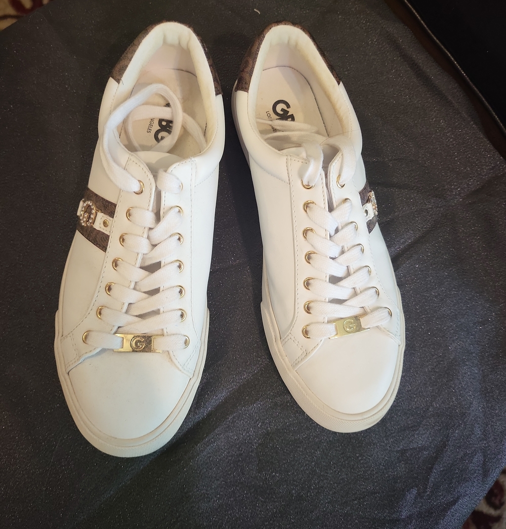 G by Guess White Sneakers with Brown Accents and Gold Hardware